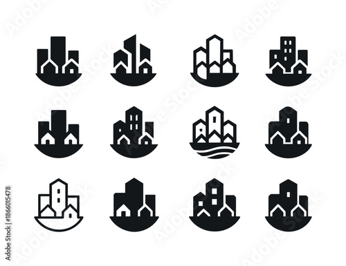Urban Sprawl Logos. Urban sprawl. Icon set. Set Logo of Urban sprawl: city limits expansion. harmonious logo variations of the same emblematic concept, each