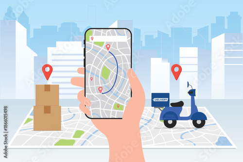 Delivery service motorcycle on map. Online app tracking, city background