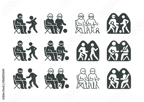 Grandparents at Sports Games. Grandparents attending kids' sports games. Icon set. Set Logo of Grandparents attending kids' sports games: folding chair.