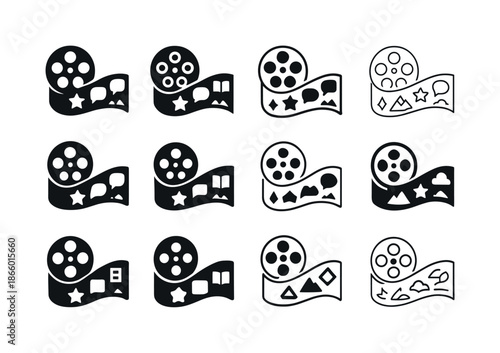 Storytelling Icon Variations. Storytelling Practices. Icon set. Set Logo of Storytelling Practices: film reel unwinding with story symbols. harmonious logo