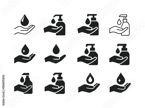 Sanitizer Logo Variations. Sanitizer use in everyday settings. Icon set. Set Logo of Sanitizer use: droplet. harmonious logo variations of the same emblematic