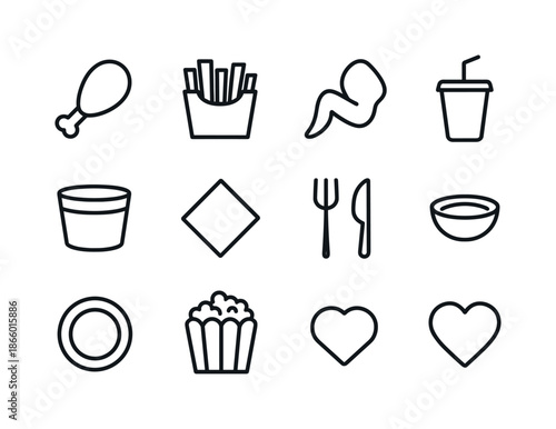 Snack Icon Set. Snack Time. Line icon set of Snack Time: drumstick, fries, chicken wing, soda cup, bucket, napkin, fork, knife, dipping sauce, plate, popcorn,