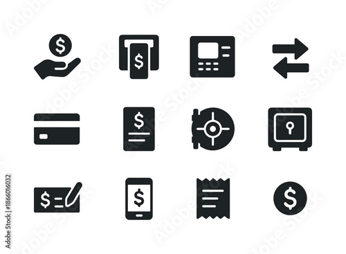 Banking Icon Set. Banking services. Solid icon set of banking services: deposit icon, withdrawal icon, ATM machine, transfer arrows, credit card,