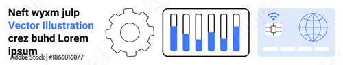 Gear symbol, bar charts with blue highlights, and global connectivity icon. Ideal for technology, engineering, data analysis, progress tracking, innovation, global reach simple landing page