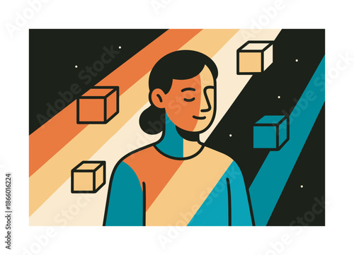 Monochrome Illumination. Tonal illumination. Light beams carve gradients across a character; floating blocks intensify the monochrome feel. Calm energy fills