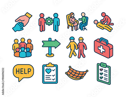 Colorful Intervention Icons. Intervention. Colorful isometric vector icons set of intervention: helping hand, conflict resolution icon, therapy session,