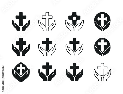 Catholic Mission Logos. Catholic Mission Work. Icon set. Set Logo of Catholic Mission Work: missionary outreach hands. harmonious logo variations of the same