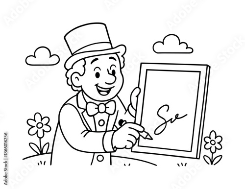 Cheerful Performer Signing. Photo signing children?s coloring book illustration, outlined drawing, a cheerful performer adding a simple signature to a plain