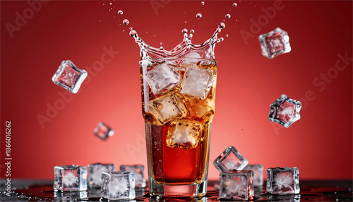 Splashing Dark Beverage with Ice Against Vibrant Red Background