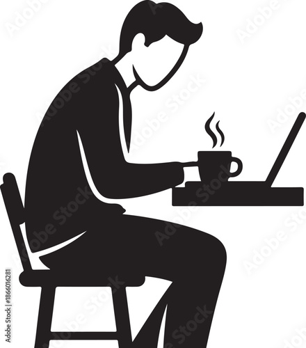 Vector illustration of a business woman sitting at a desk and typing on a laptop computer while drinking coffee in an office
