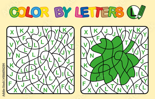 Color by letter L. Leaf. Coloring Flower. Puzzle game for children education