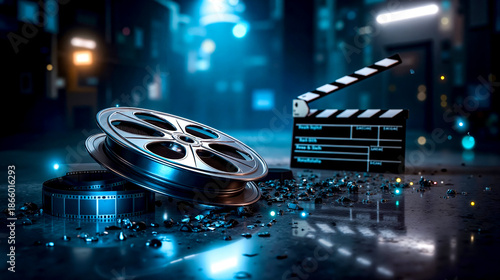 Wallpaper Mural A clapper board and a film reel on a table in a dark room Torontodigital.ca