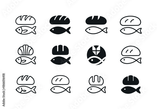 Catholic Charities Icons. Catholic charities. Icon set. Set Logo of Catholic charities: bread and fish symbol. harmonious logo variations of the same