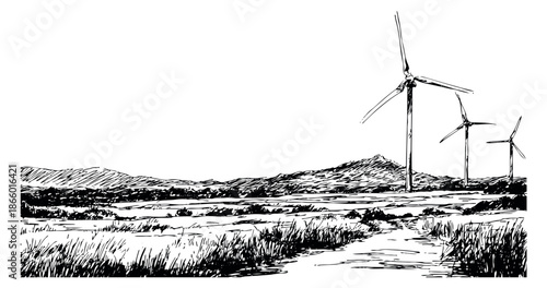 Hand drawn line art illustration of wind turbines in a rural landscape depicting clean energy production for environmental sustainability
