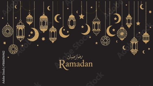 Ramadan Kareem Luxury Background with Golden Hanging Lanterns, Crescent Moons, and Stars on Black