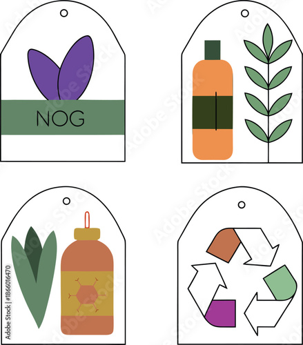 Vector set of Easter icons and eggs featuring eco-friendly designs with green leaves, flowers, and nature-inspired symbols for a glass wine bottle illustration