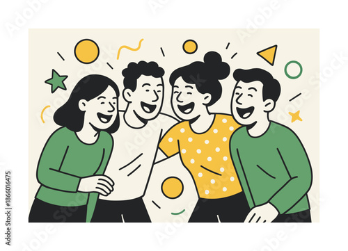 Joyful Friends and Shapes. People laughing together. Friends lean in with bright expressions; floating shapes bounce like shared joy. Warm motion fills the