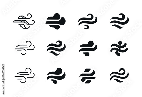 Gases Icon Set. Gases. Icon set. Set Logo of gases: airflow vapor wave. harmonious logo variations of the same emblematic concept, each with different artistic
