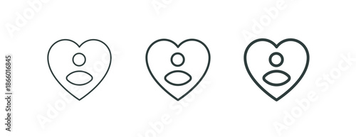 Charity, love and care, caring support, employee help, safety client thin outline icon. Minimalist line symbol of a person in the heart sign. Vector isolated pictogram for web app on white background.