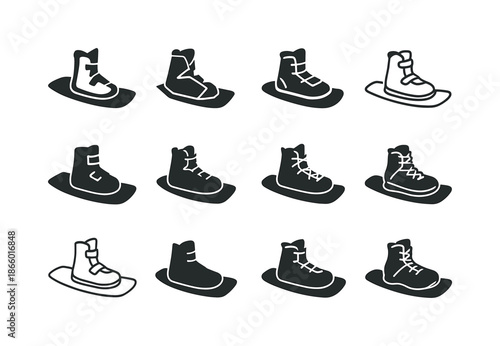 Wakeboarding Logo Variations. Wakeboarding. Icon set. Set Logo of wakeboarding: wakeboard bindings. harmonious logo variations of the same emblematic concept,