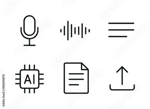 Audio Transcription Tools. Audio-to-text tools. Line icon set of audio-to-text tools: microphone icon, waveform, text lines, AI chip symbol, transcript file,