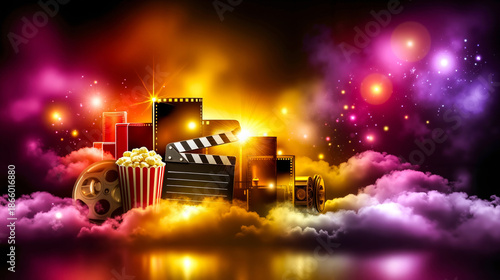Wallpaper Mural A movie clapper board popcorn film reel and movie clapboard in the clouds Torontodigital.ca