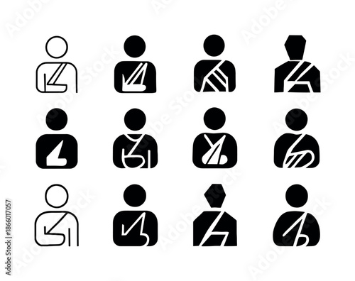 Injured Shoulder Icons. Bandaged body. Icon set. Set Logo of Bandaged body: injured shoulder. harmonious logo variations of the same emblematic concept, each