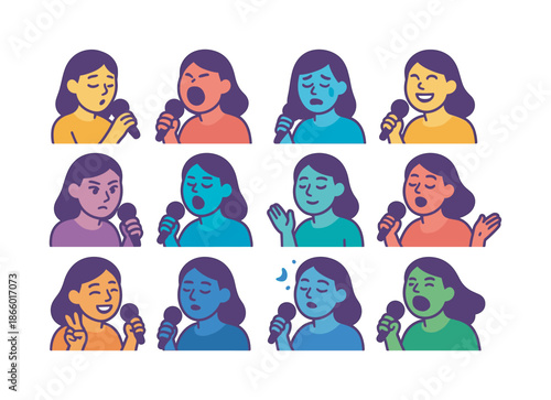 Vibrant Singing Icons. Singing expressions. Colorful flat vector icons set of singing expressions: soft whisper, powerful belting, emotional tear, joyful