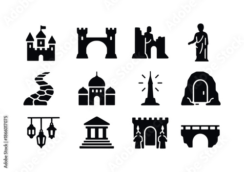 Fabled Cities Icons. Fabled cities. Solid icon set of Fabled cities: castle towers, sky bridge, ruined gate, ancient statue, stone path, domed palace, glowing