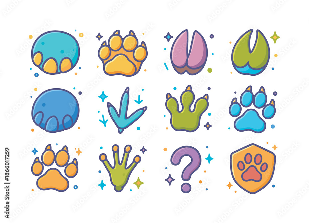 Fototapeta premium Colorful Animal Footprints. Animal Footprints. Colorful isometric vector icons set of Animal Footprints: elephant footprint, lion paw, zebra hoof, giraffe