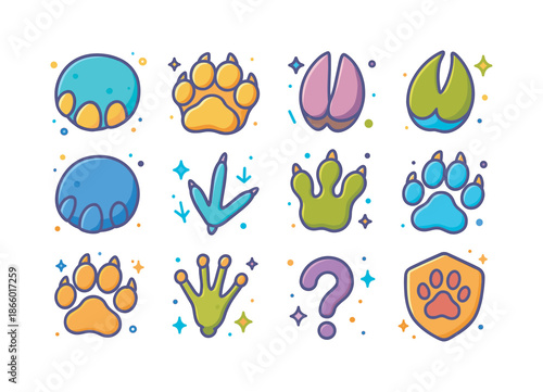 Colorful Animal Footprints. Animal Footprints. Colorful isometric vector icons set of Animal Footprints: elephant footprint, lion paw, zebra hoof, giraffe