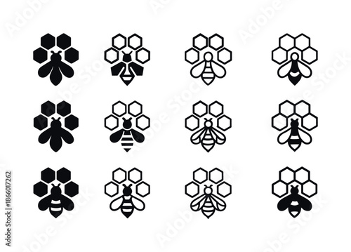 Beekeeping Logo Collection. Beekeeping and Pollination. Icon set. Set Logo of Beekeeping and Pollination: honeycomb pattern. harmonious logo variations of the