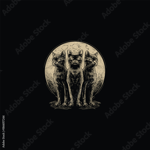 Vintage trio of black cats silhouette in front of a full moon, spooky mystical feline engraving illustration on black background.