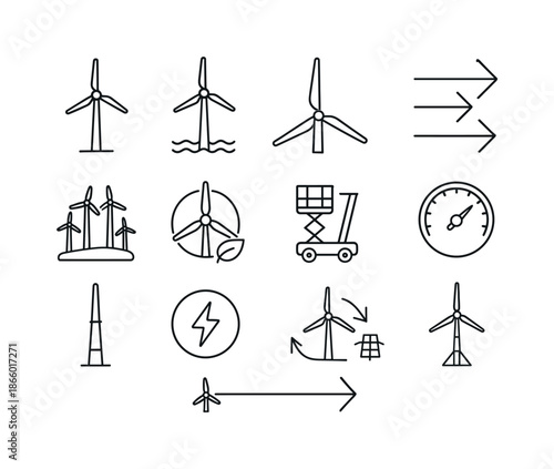 Wind Energy Icons. Wind Energy Adoption. Line icon set of Wind Energy Adoption: wind turbine, offshore turbine, turbine blade, wind flow arrows, wind farm
