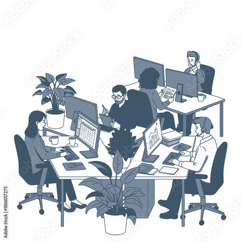 Panoramic flat 2D graphic illustration of four dedicated employees working intently at ergonomic desks in a bright, modern corporate open office environment