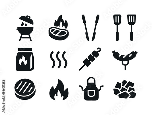 Sizzling Barbecue Icons. Sizzling barbecue. Solid icon set of sizzling barbecue: grill, flaming steak, tongs, spatula, charcoal bag, smoke lines, skewers,