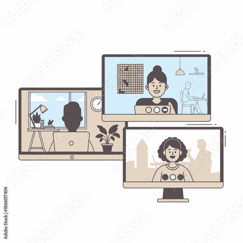 Happy colleagues participate in a seamless motion conference call displayed on large monitors, illustrating successful remote and hybrid work in a 2D flat graphic illustration