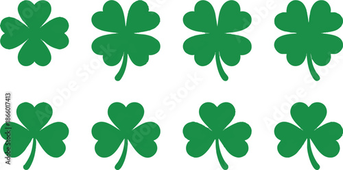 Collection of green shamrocks arranged in a grid pattern on a white background.
