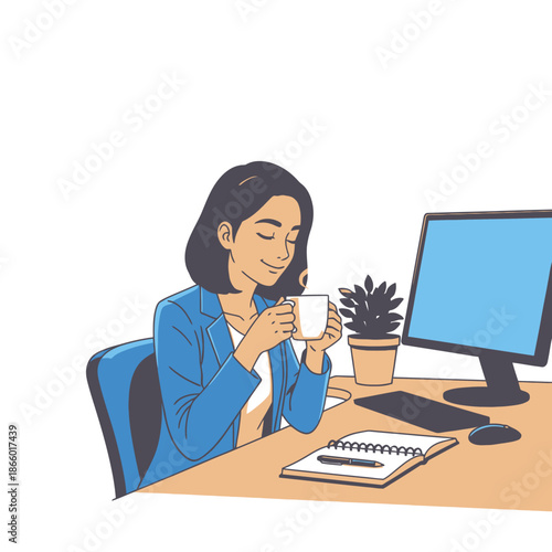 graphic illustration of a smiling young female professional enjoying her first sip of coffee at a brightly lit ergonomic desk, marking the peaceful start of a productive workday routine