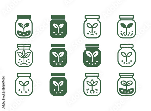 Microgreens Logo Variations. Microgreens and growing them at home. Icon set. Set Logo of Microgreens and growing them at home: glass jar with seeds. harmonious