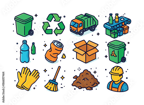 Waste Management Icons. Waste management. Colorful isometric vector icons set of waste management: trash bin, recycling sign, garbage truck, sorting conveyor,