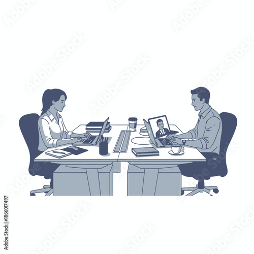 Focused employees working efficiently at ergonomic desks in a modern open plan office, with one person participating in a motion conference call, illustrated in 2D flat graphic style