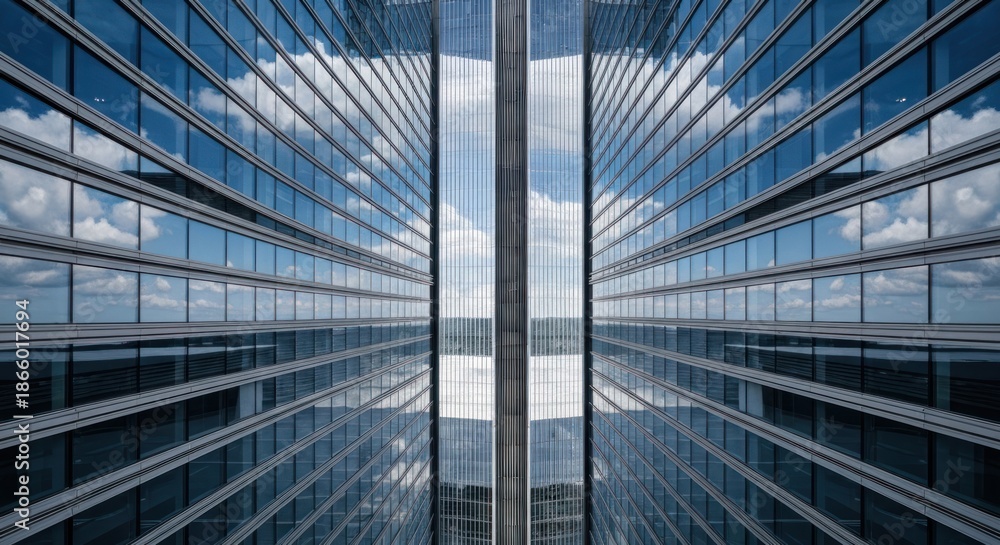 Obraz premium A mirrored symmetrical view of a modern skyscraper's facade reflecting a blue sky with white clouds