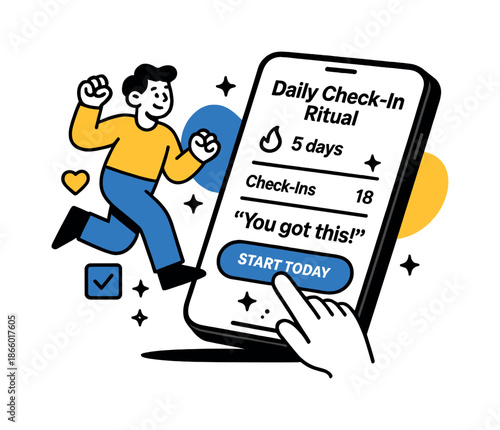 Daily Check-In Ritual. Daily Check-In Ritual. A floating smartphone with minimalist app UI showing streaks, check-ins, and motivational quotes. A hand taps
