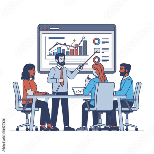 Flat 2D graphic scene shows diverse professional colleagues in a productive scrum meeting, analyzing a data graph presented on a giant digital conference screen