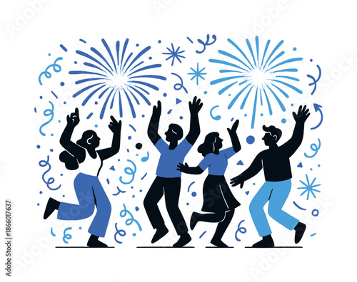 Festive Firework Dance. Firework celebration. Friends dance under exploding fireworks, silhouettes glowing with each burst. Confetti and streamers add to the