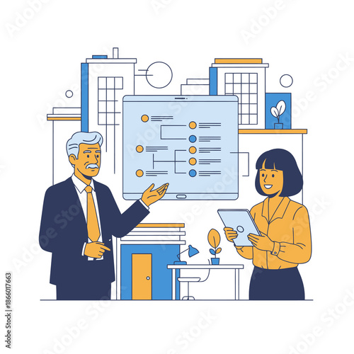 Flat 2D graphic scene of a senior manager digitally delegating a project via a huge floating tablet to a cheerful young employee in a modern workplace, emphasizing mentorship and efficient workflow