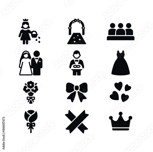 Wedding Icons Set. Wedding Procession. Solid icon set of Wedding Procession: flower girl, aisle, guests, bride, groom, ring bearer, dress, bouquet, bow,