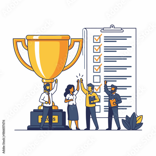Flat 2D graphic scene shows celebratory office workers high fiving next to a massive gold trophy, symbolizing major goal achievement and corporate teamwork victory