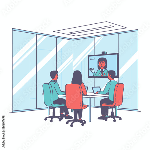 Flat 2D graphic scene depicts three office workers in a modern glass meeting room attending a seamless hybrid work motion conference with a remote team member visible on the display